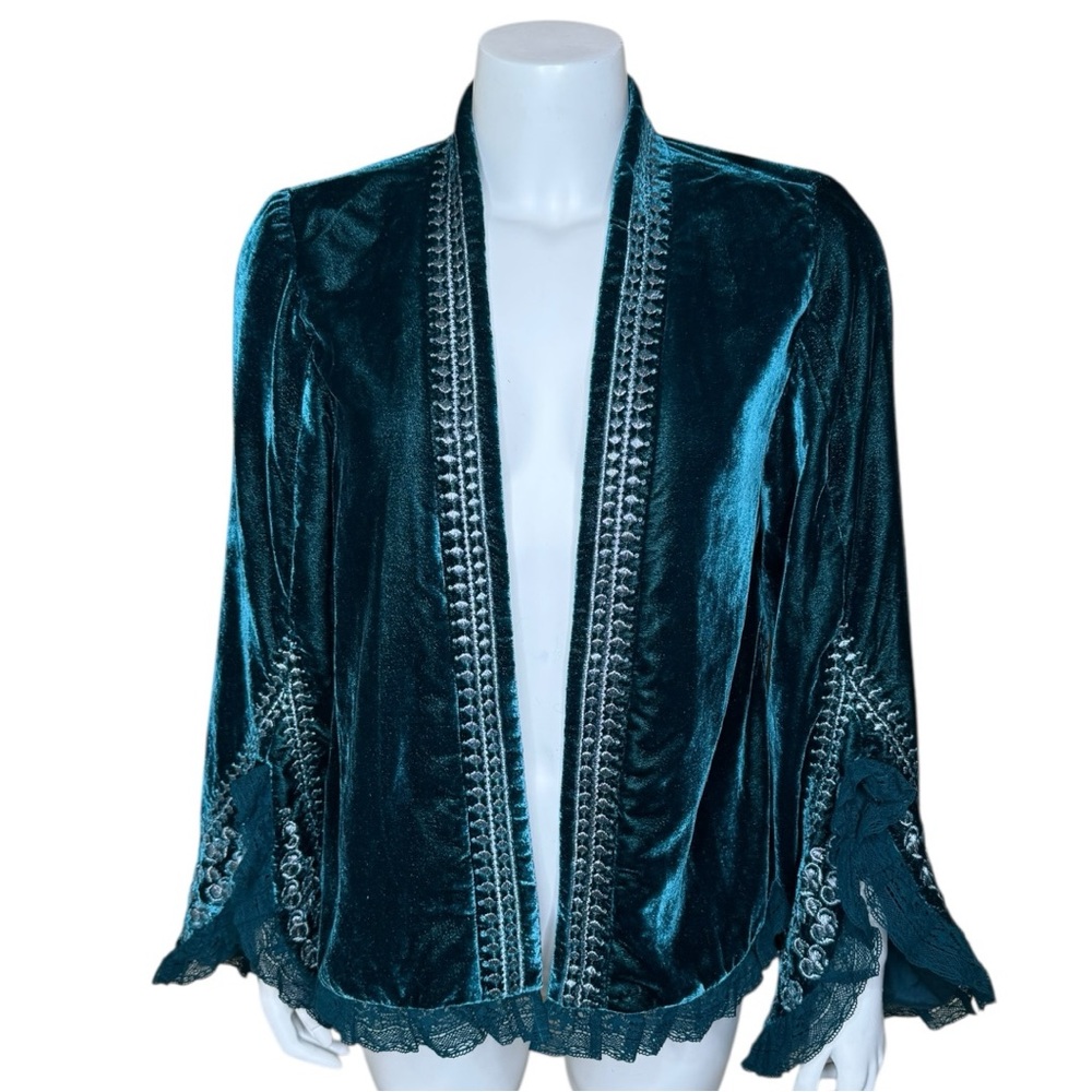 Free People Scarlett Velvet Bed Jacket S Embroidered Lace Teal Blue